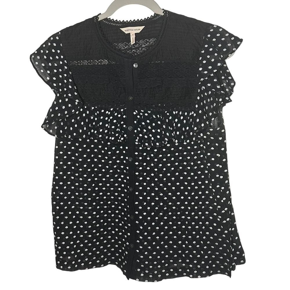 Rebecca Taylor Women's Black White‎ Polka Dot Ruffle Silk Blend Blouse Size 6